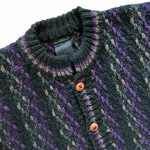 Vintage Chunky Hand Knit Striped Cardigan Sweater Black Purple Grandpa L Preppy - Picture 4 of 11